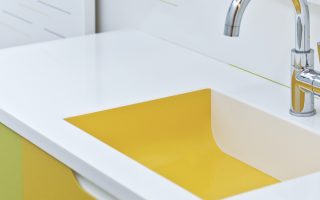 Yellow bathroom vanity.