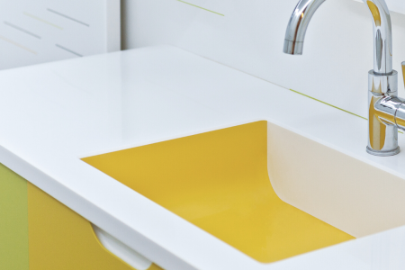 Yellow bathroom vanity.